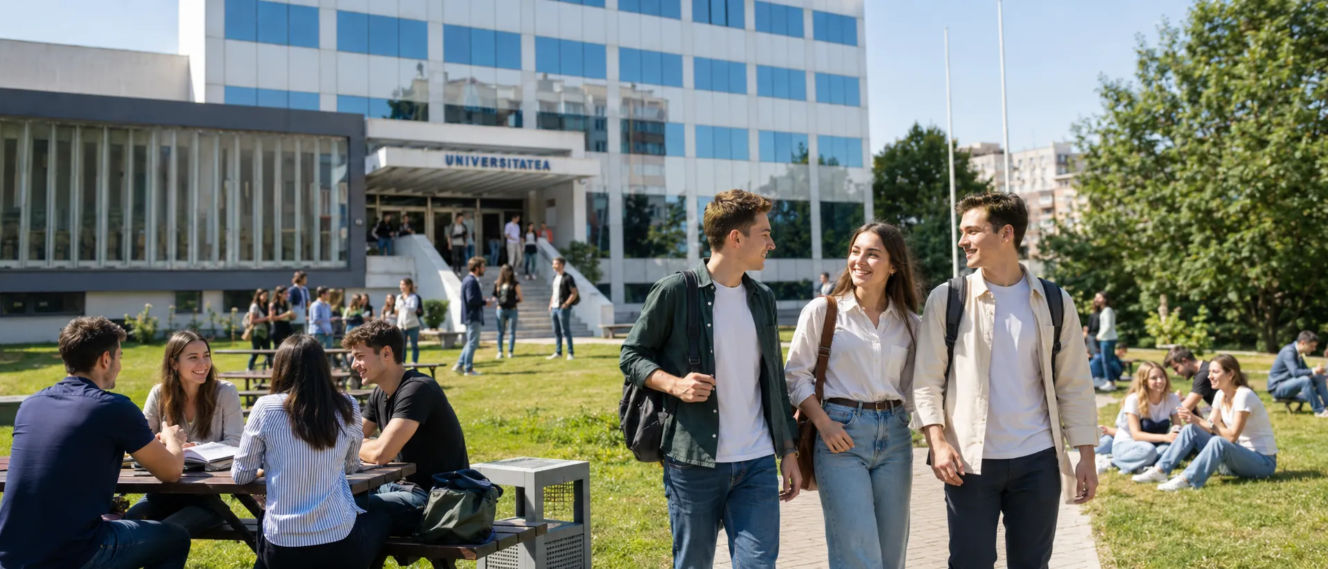 Studenți pe campusul Andrei Șaguna